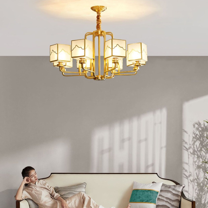 Traditional Chinese Square Rectangle Round Copper Glass 6/8/10 Light Chandelier For Living Room