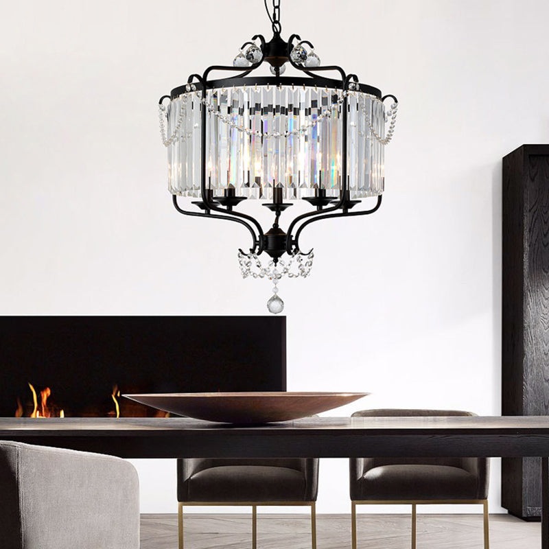 Traditional French Iron Crystal Cylinder 5-Light Pendant Light For Dining Room