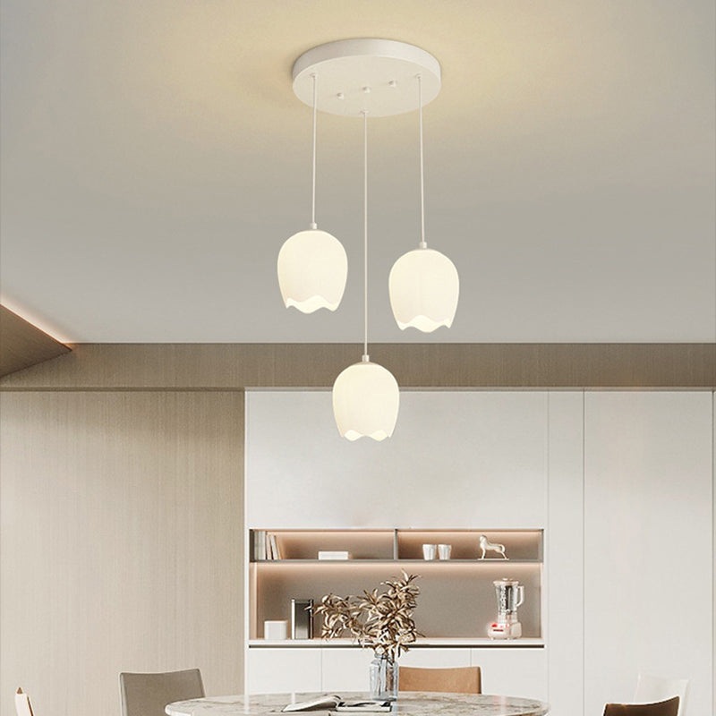 Traditional French Iron Tulip Glass Shade 3-Light Chandelier Island Light For Living Room