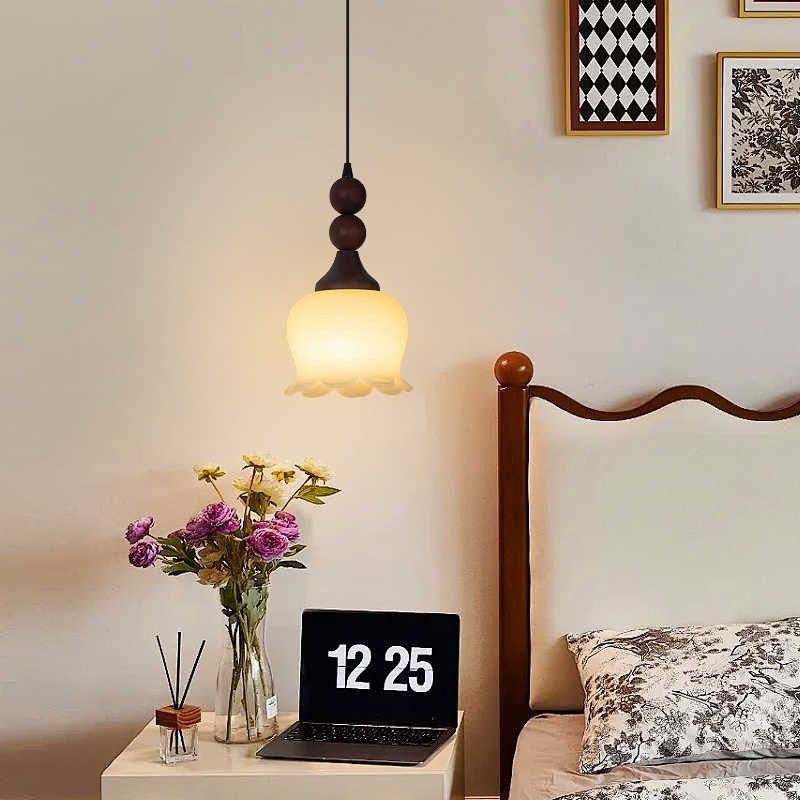 Traditional French Iron Wood Flower Shade 1-Light Pendant Light For Living Room