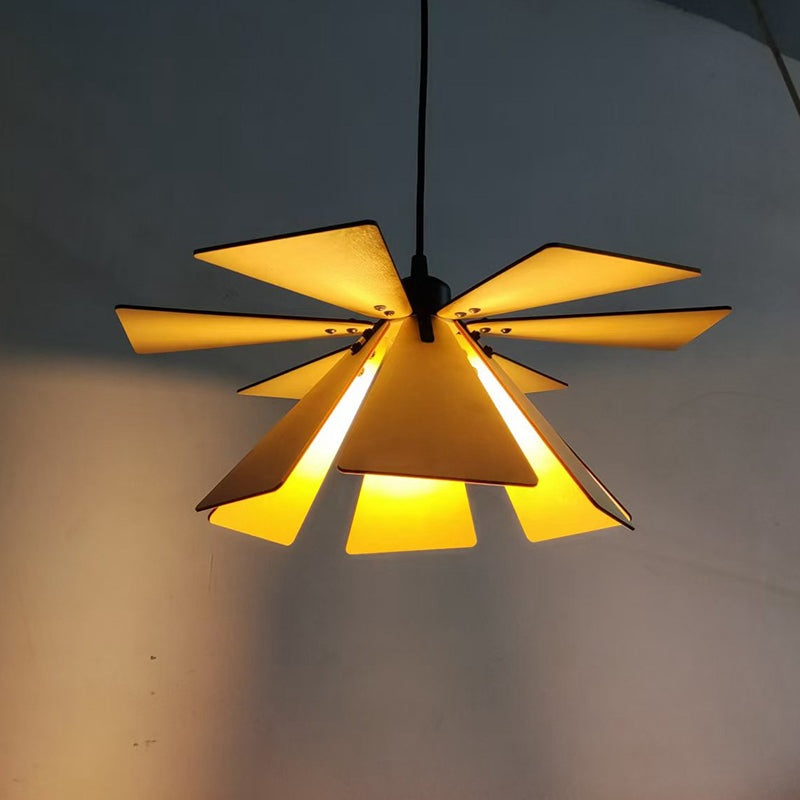 Traditional Japanese Adjustable Wood Chip Petal Shape 1-Light Pendant Light For Living Room