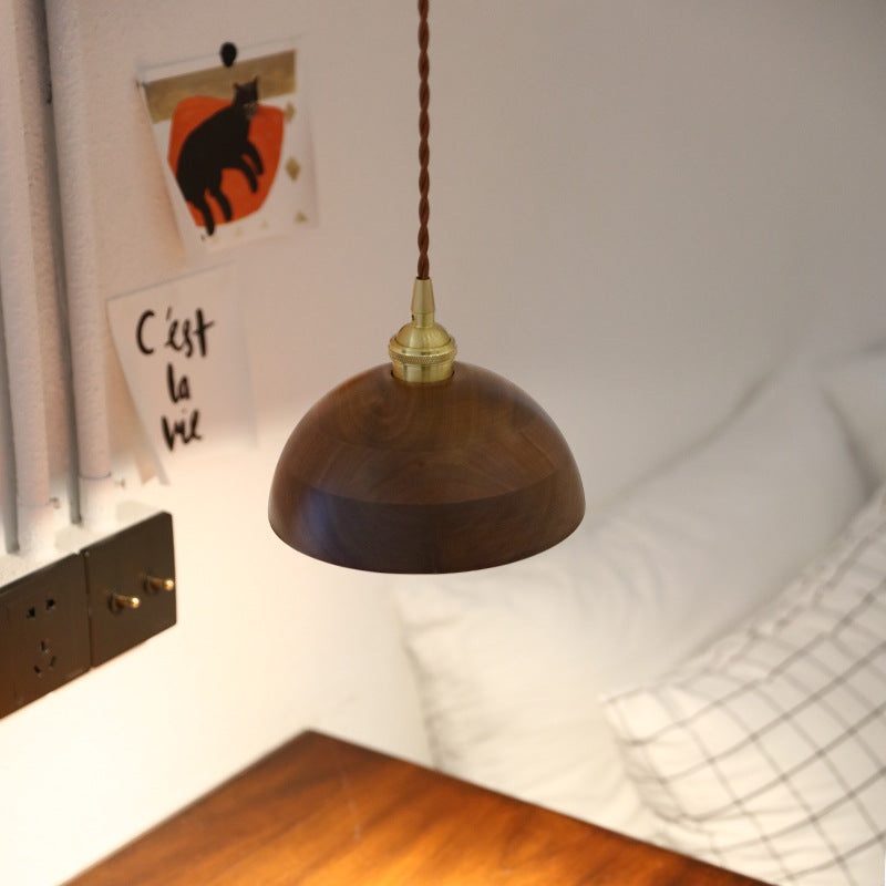 Traditional Vintage Conical Cylinder Bowl Wood Brass 1-Light Pendant Light For Living Room