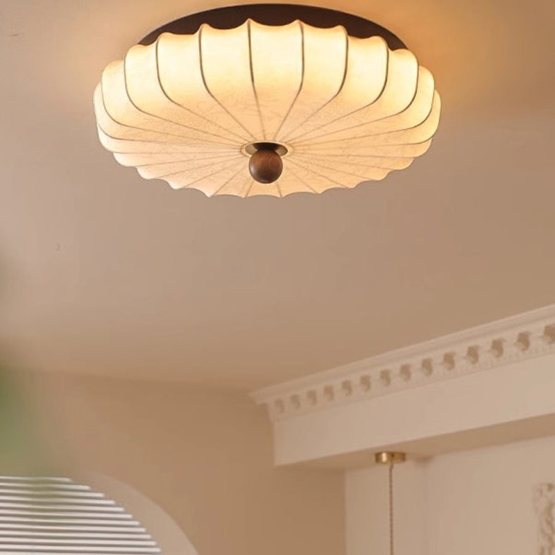 Traditional Vintage Round Patterned Fabric Alloy Ash Wood LED Flush Mount Ceiling Light For Living Room