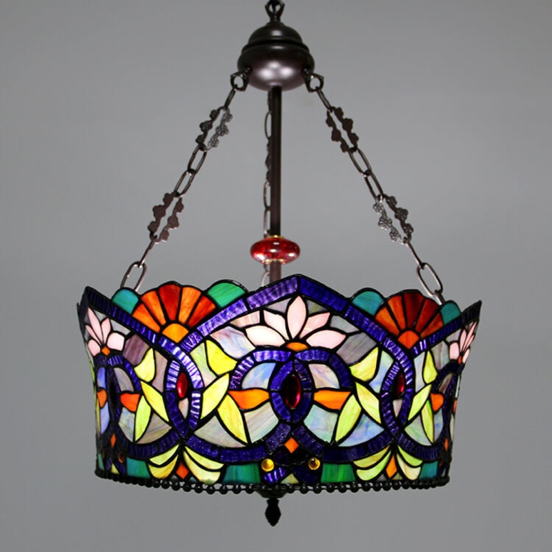 European Tiffany Flower Leaf Stained Glass 3-Light Chandelier