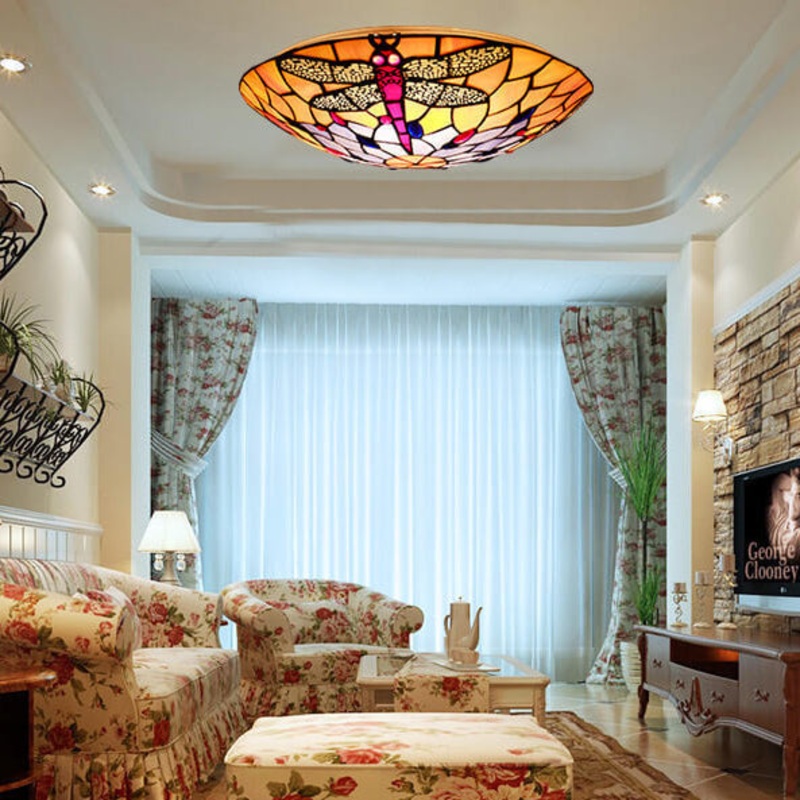 European Tiffany Orange Dragonfly Glass 2/3 Light Flush Mount Ceiling Light