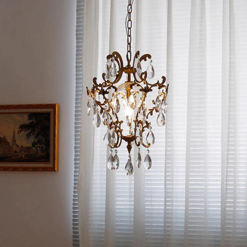 French Vintage Brass Crystal Elegant 1-Light Pendant Light