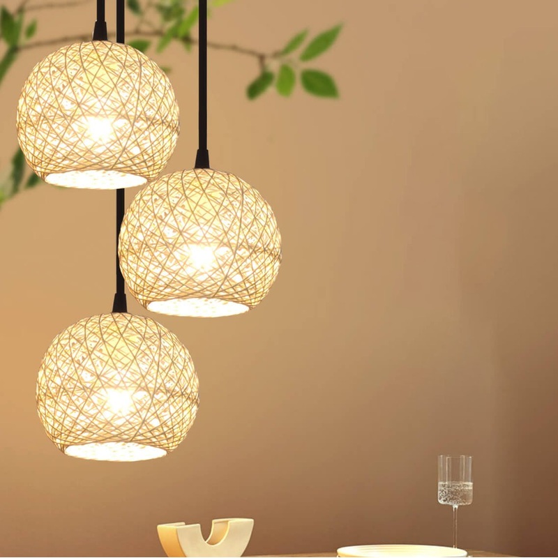 Rattan Weaving Beige Globe 1/3 Light Pendant Light