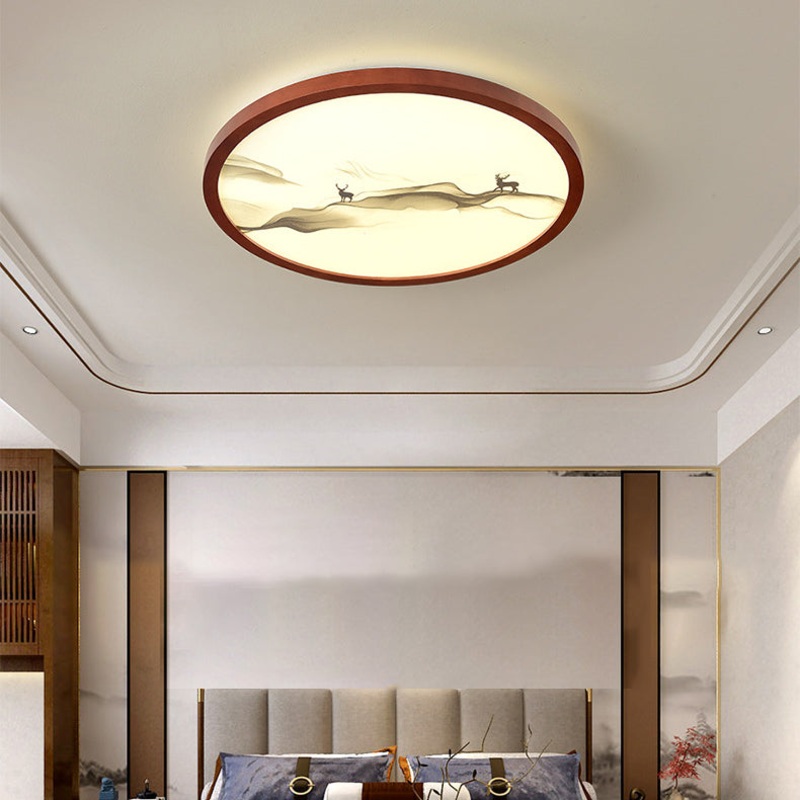 Traditional Chinese Round Solid Wood Acrylic LED Flush Mount Ceiling Light For Bedroom