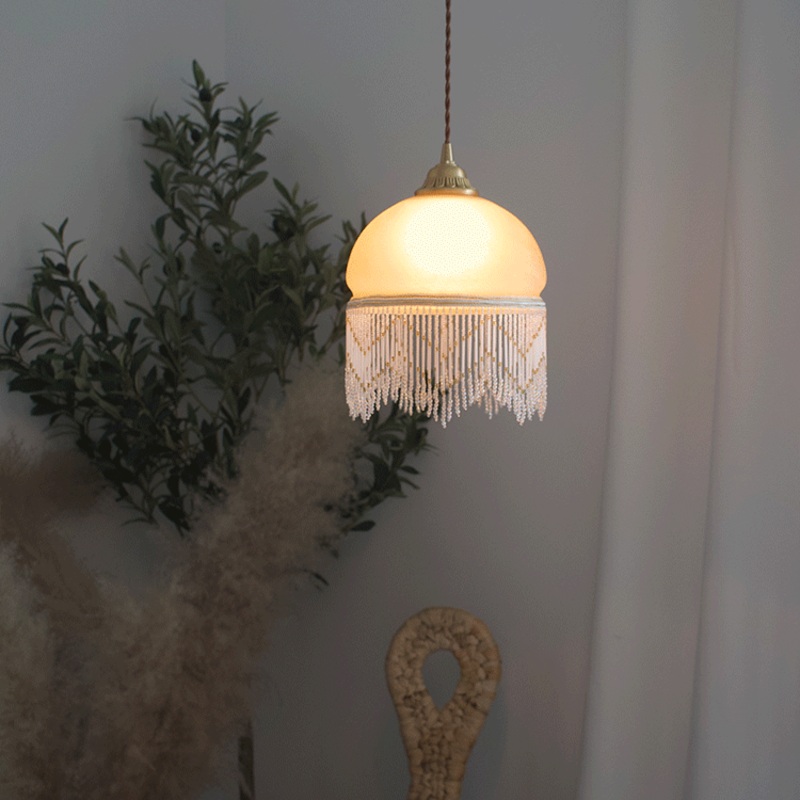 Traditional French Dome Glass Brass 1-Light Pendant Light For Living Room
