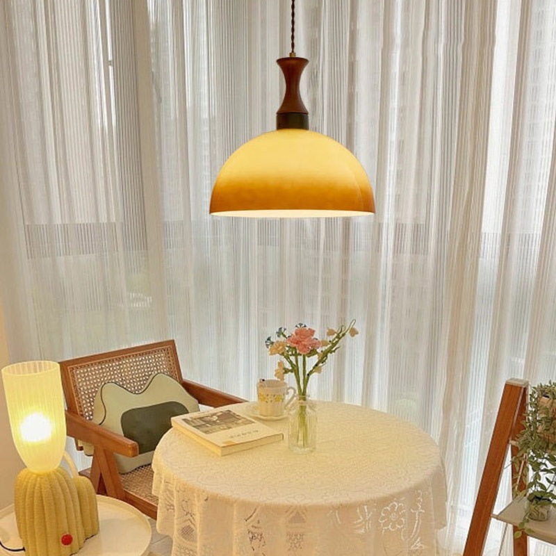 Traditional Vintage Dome Solid Wood Glass 1-Light Pendant Light For Living Room