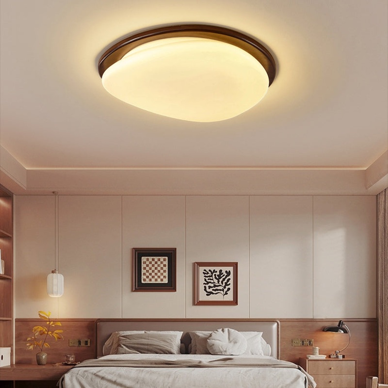 Traditional Vintage Round Solid Wood Iron Acrylic LED Flush Mount Ceiling Light For Bedroom