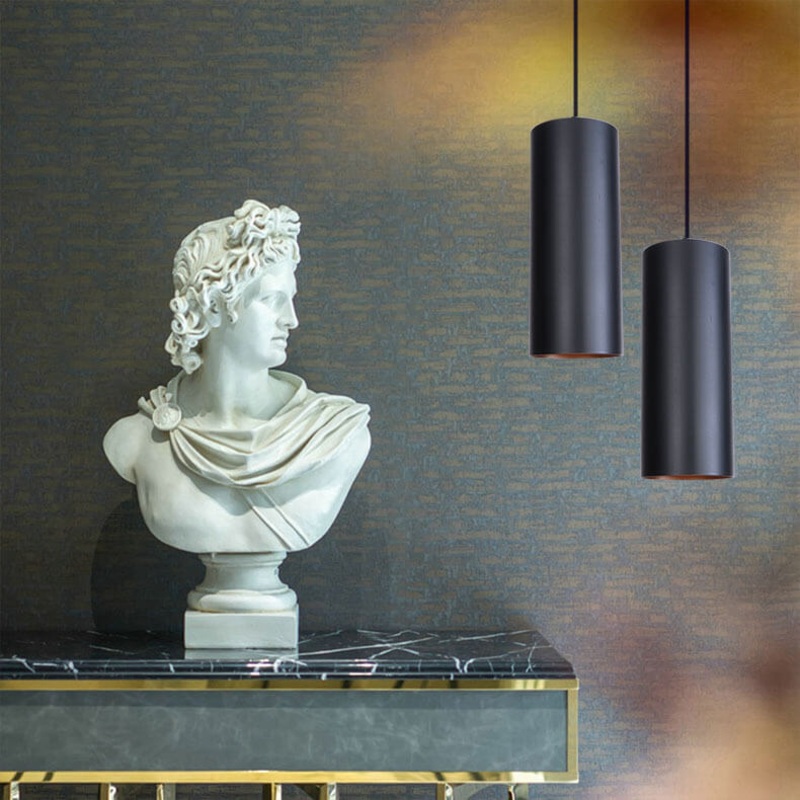 Vintage Black Metal Tubular 1-Light Pendant Light