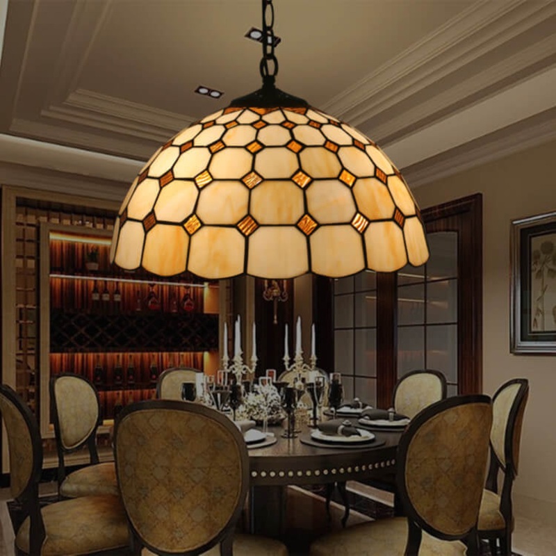 Vintage Tiffany Baroque Stained Glass Dome 3-Light Pendant Light