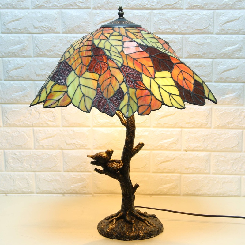 Vintage Tiffany Leaf Stained Glass 2-Light Table Lamp