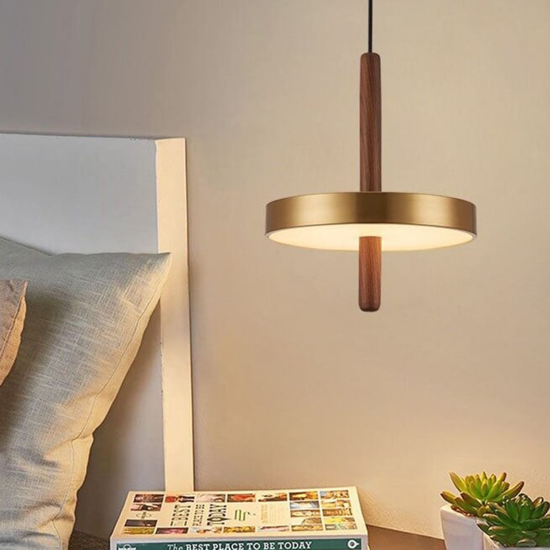 Vintage Walnut Flat Round Brass LED Pendant Light