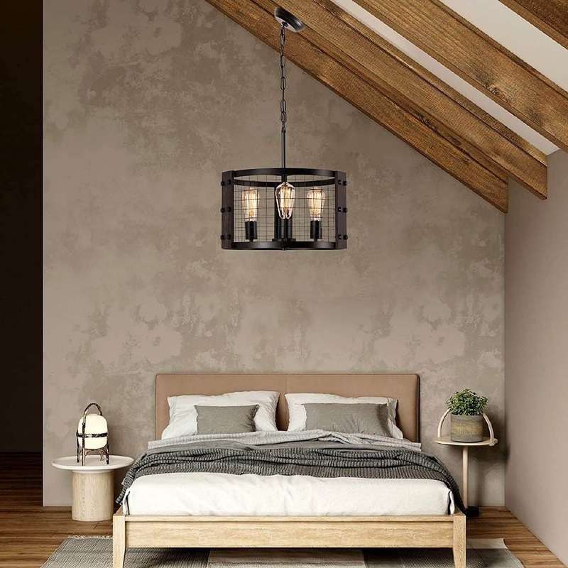 Industrial Vintage Iron Drum Shape 3-Light Chandelier