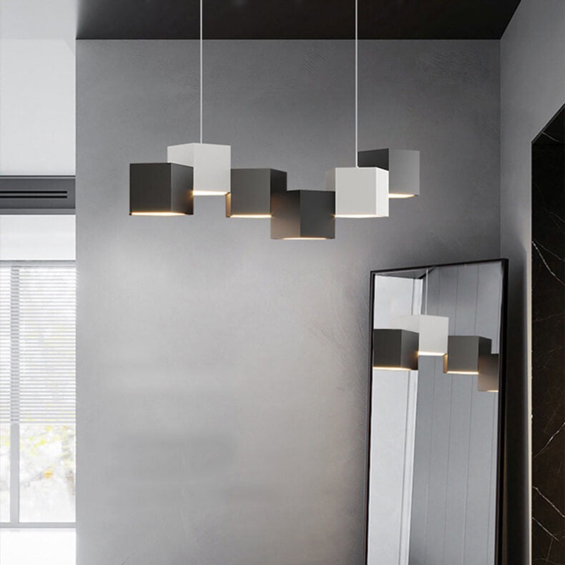 Modern Creative Square Geometric Iron LED Macaron Chandelier