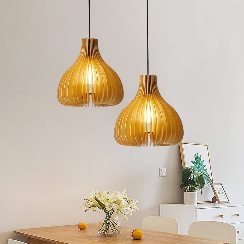 Traditional Solid Wood Sydney Shaped Hollow Japanese 1-Light Pendant Light