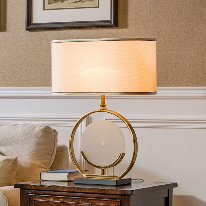 Chinese Simple Fabric Lampshade Marble Base 1-Light Table Lamp