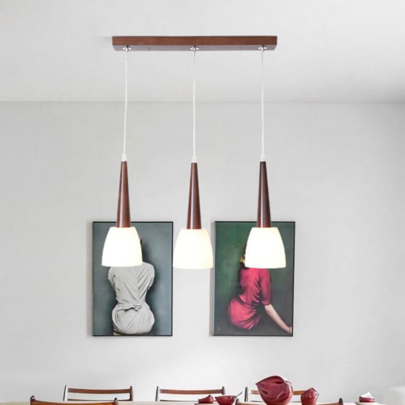 Modern Chinese Walnut Glass Shade 3-Light Chandelier