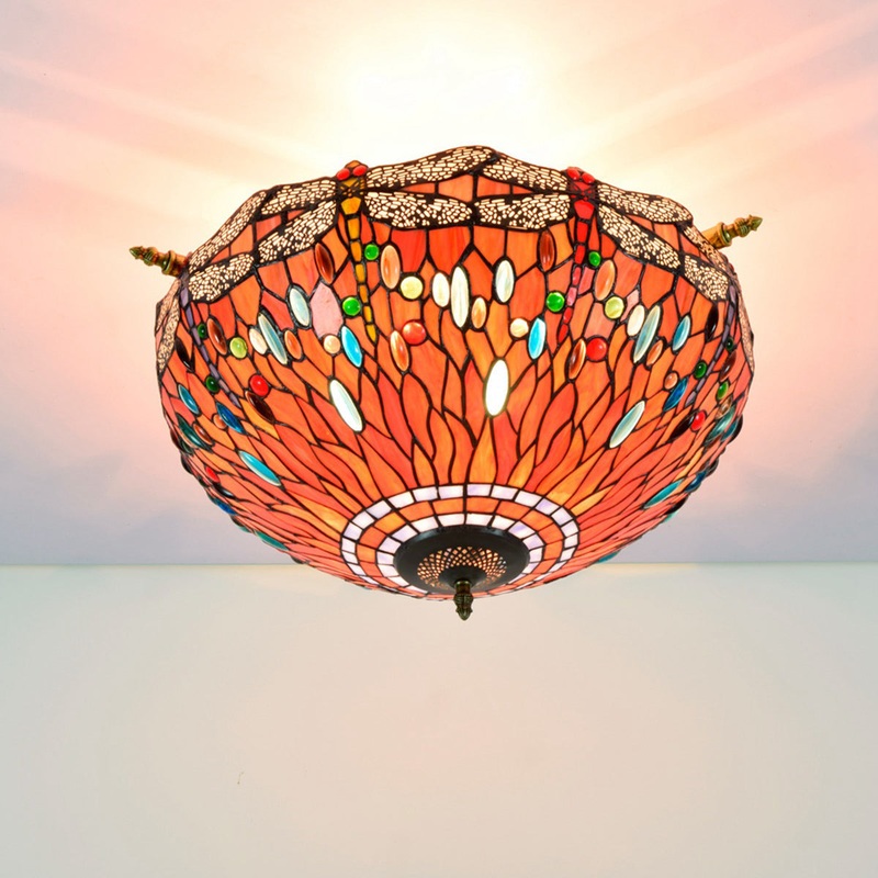 Retro Tiffany Red Bottom Dragonfly Design 5-Light Flush Mount Light