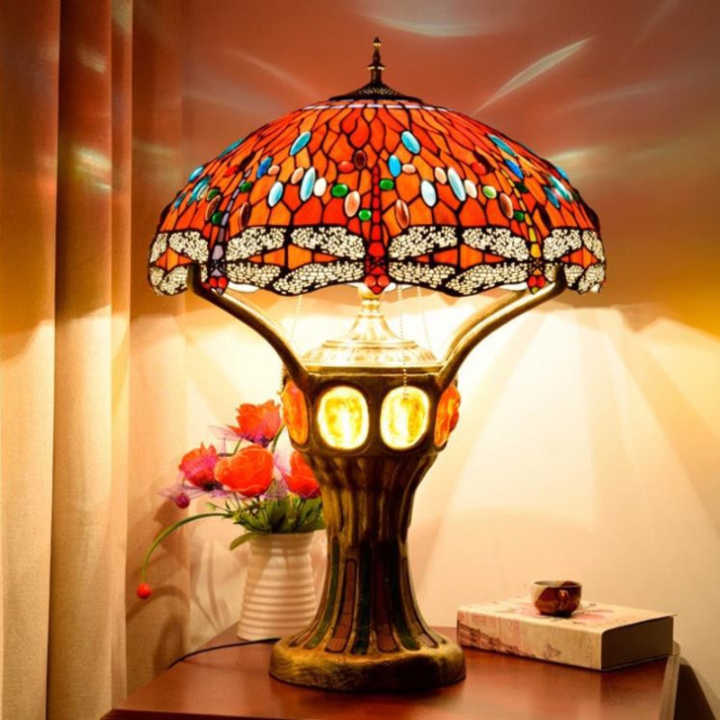 Tiffany Vintage Red Glass Dragonfly Design 4-Light Table Lamp