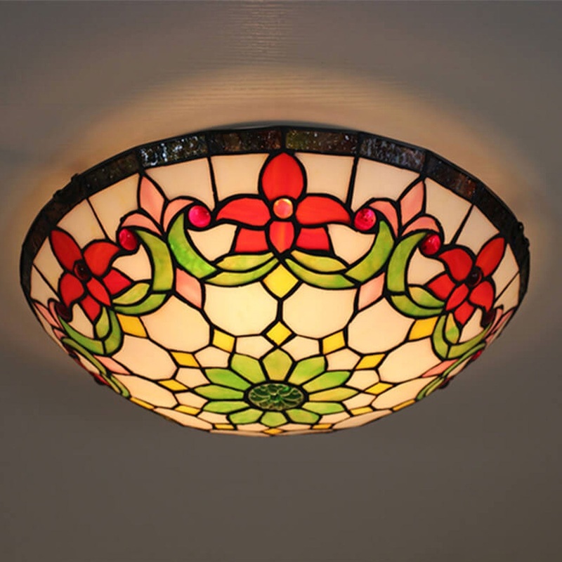 European Tiffany Flowers Stained Glass 3-Light Flush Mount Ceiling Light