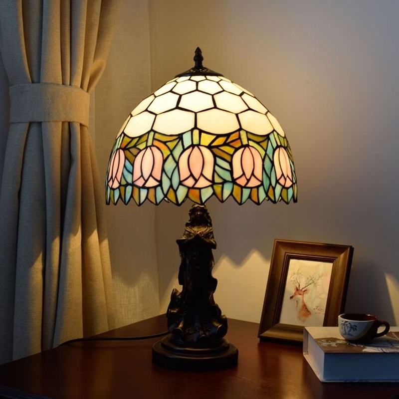 Vintage Tiffany Tulip Stained Glass Angel Base 1-Light Table Lamp