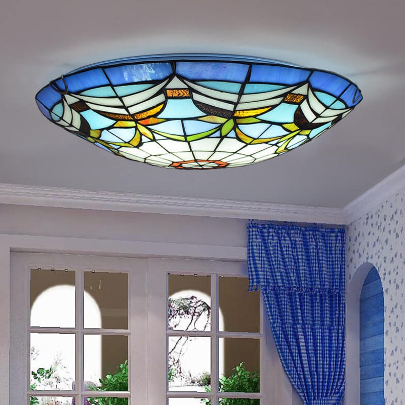 European Stained Glass Tiffany Round Various Pattern Designs 2/3 Light Flush Mount Light
