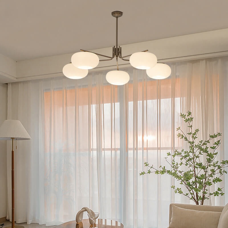 French Minimalist White Dome Glass Shade  5-Light Chandelier