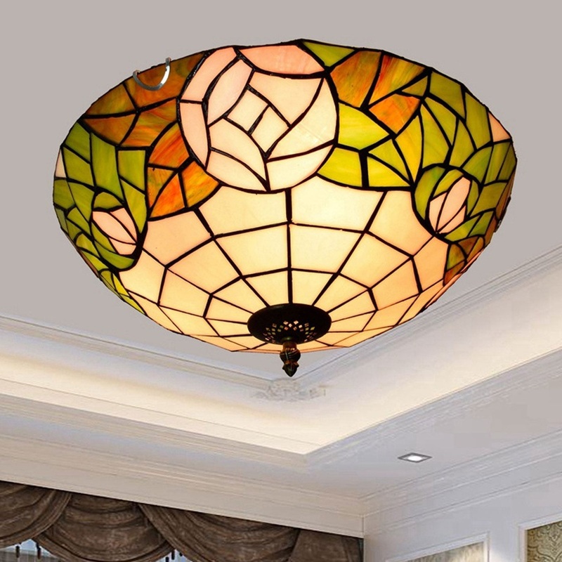Tiffany European Retro Creative Stained Glass Rose Pattern Design 3-Light Flush Mount Light