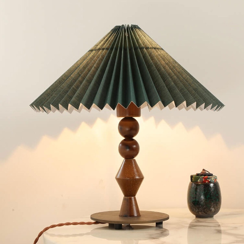 Vintage Dark Green Pleated Solid Wood Base 1-Light Table Lamp