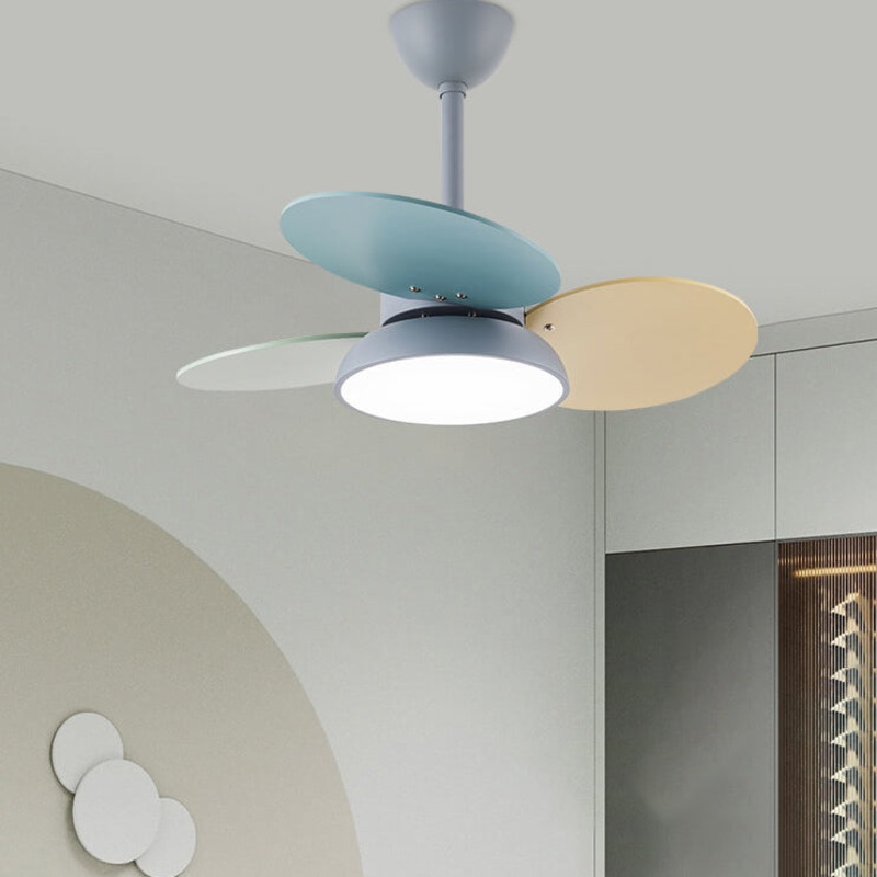 Simple Colorful Round Fan Leaf Kids Downrods Ceiling Fan Light