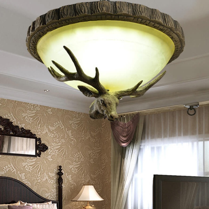 Vintage Country Deer Head Dome Resin LED Flush Mount Ceiling Light