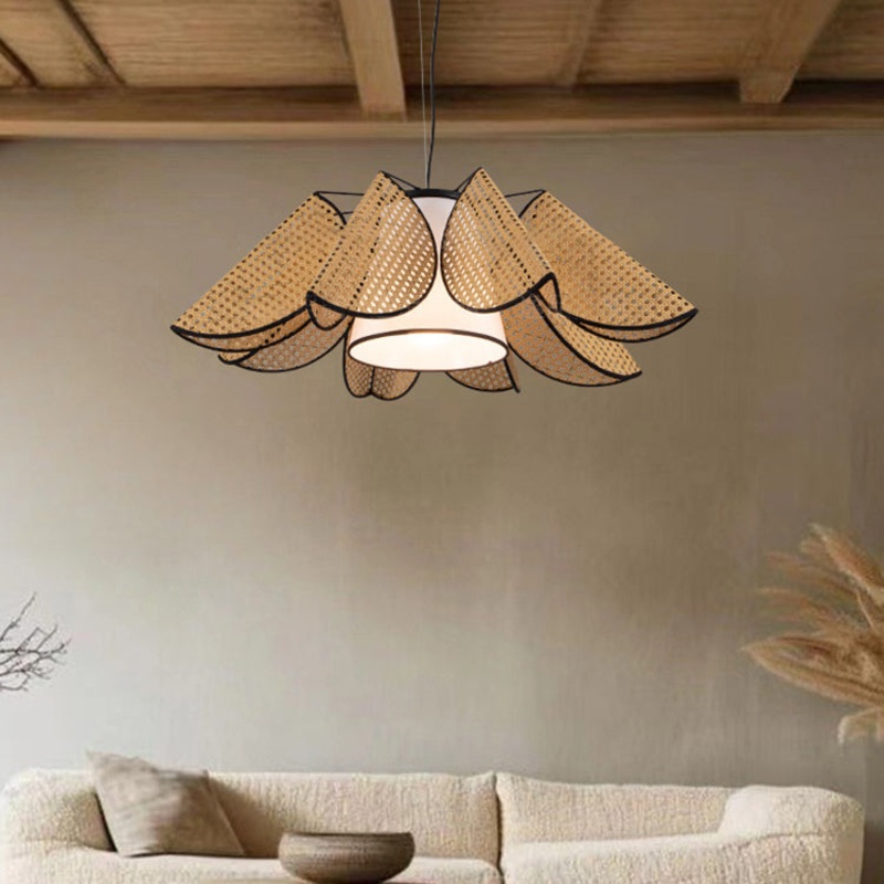 Contemporary Boho Folded Leaves Rattan Weaving Trapezoid Fabric Lampshade Hardware 1 - Light Chandelier For Dining Room