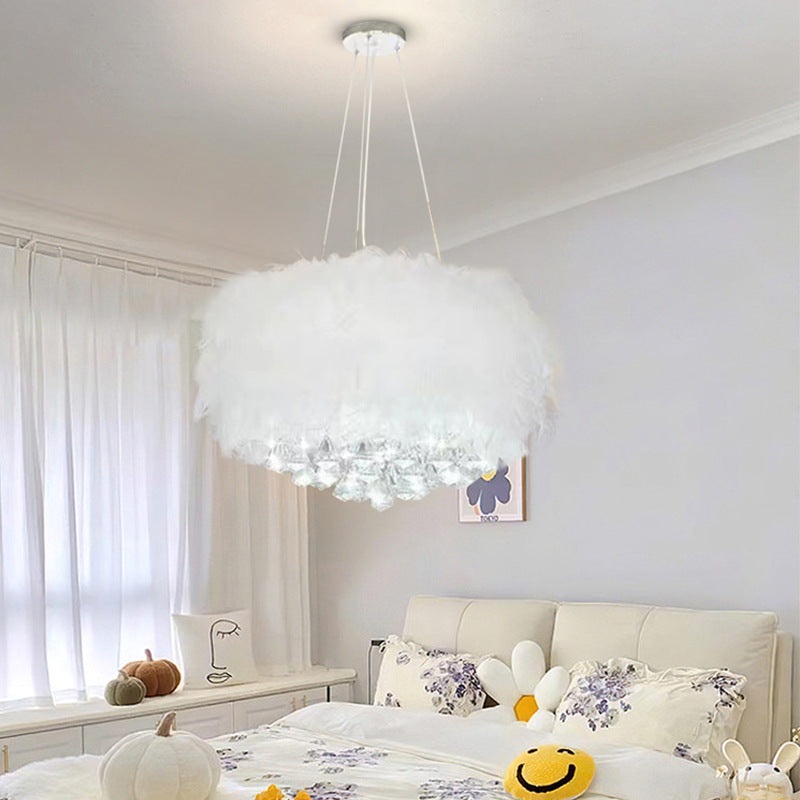 Contemporary Creative Cream Feather Round Goose Wool Crystal Metal 1-Light Chandelier For Living Room