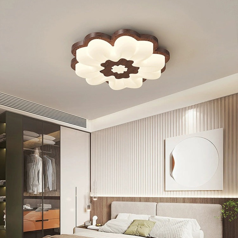 Contemporary Creative Flower Shape PE Rubberwood LED Flush Mount Ceiling Light For Bedroom