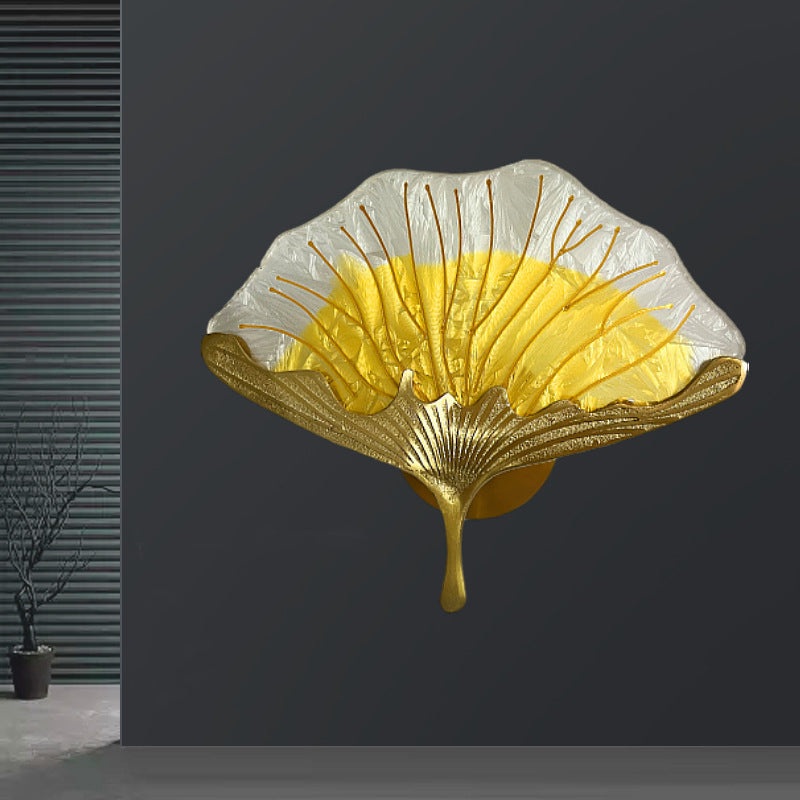 Contemporary Creative Ginkgo Leaf Copper Glaze Enamel LED Wall Sconce Lamp For Bedroom