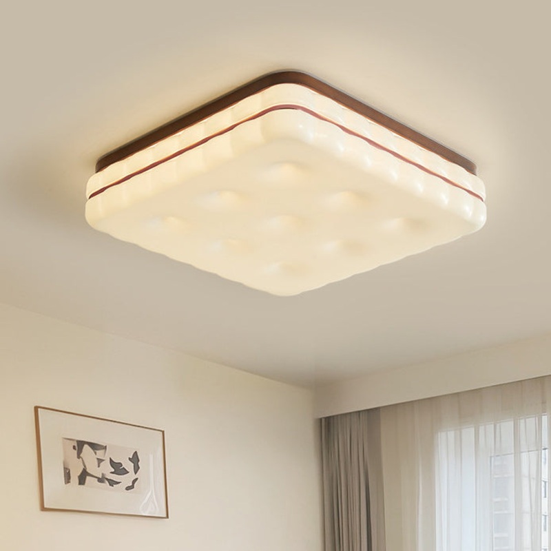 Contemporary Creative Round Square Rectangle Cookie Rubberwood Acrylic LED Flush Mount Ceiling Light For Living Room