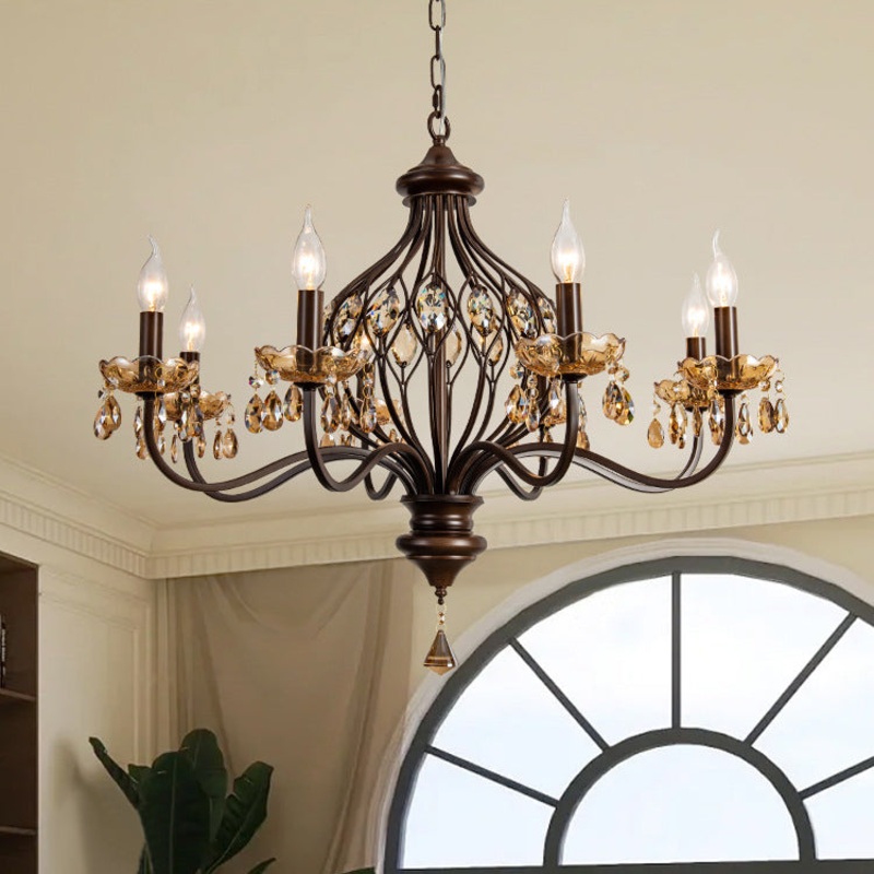 Contemporary Retro Iron Crystal Candlestick Holder Teardrop 6/8/10 Light Chandeliers For Living Room