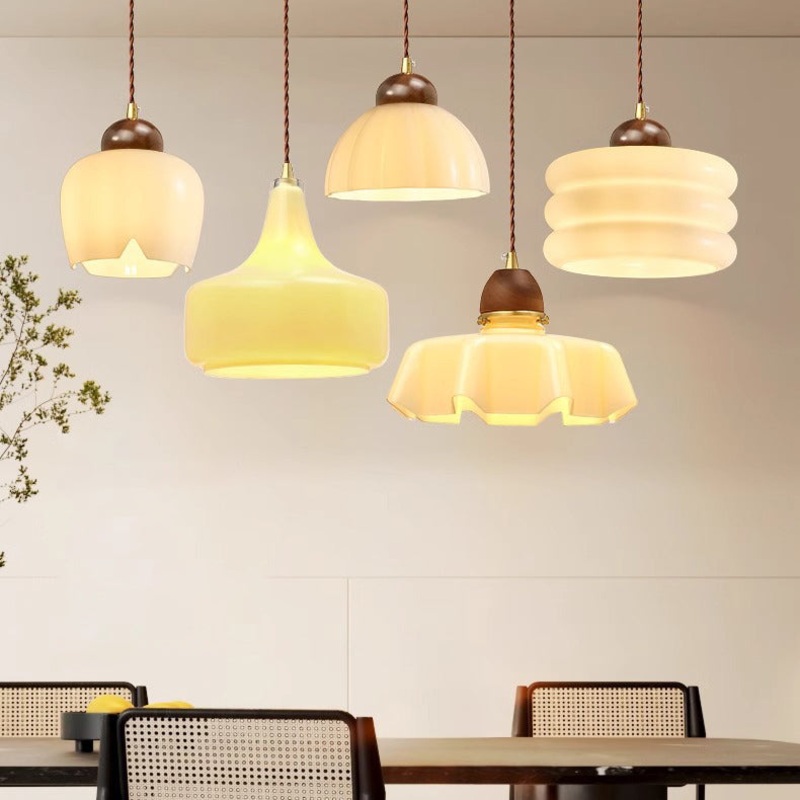 Contemporary Retro Round Petal Flower Shape Wood Glass 1-Light Pendant Light For Living Room