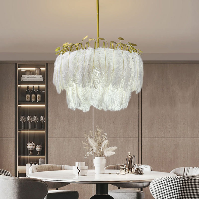 Contemporary Scandinavian Double Round Branch Feather Iron 3-Light Chandelier For Living Room