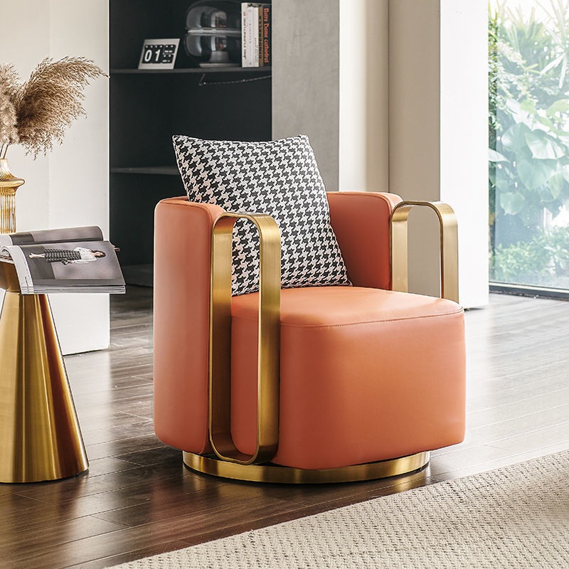 Contemporary Scandinavian Round Nappa Leather Swivel Accent Chair Backrest For Living Room
