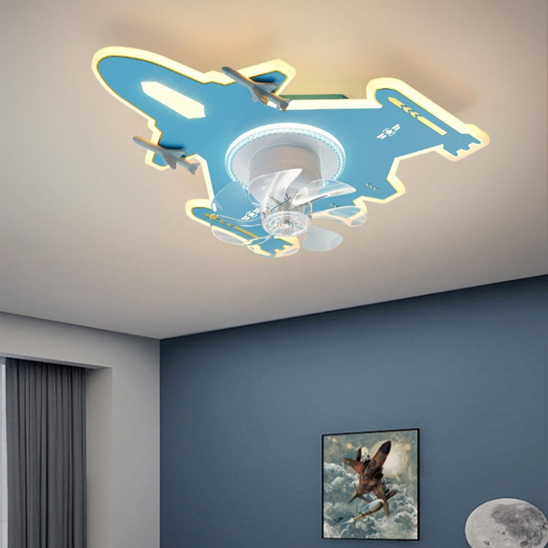 Modern Art Deco Kids Airplane Shapes Acrylic Hardware Resin LED Flush Mount Ceiling Fan Light For Bedroom