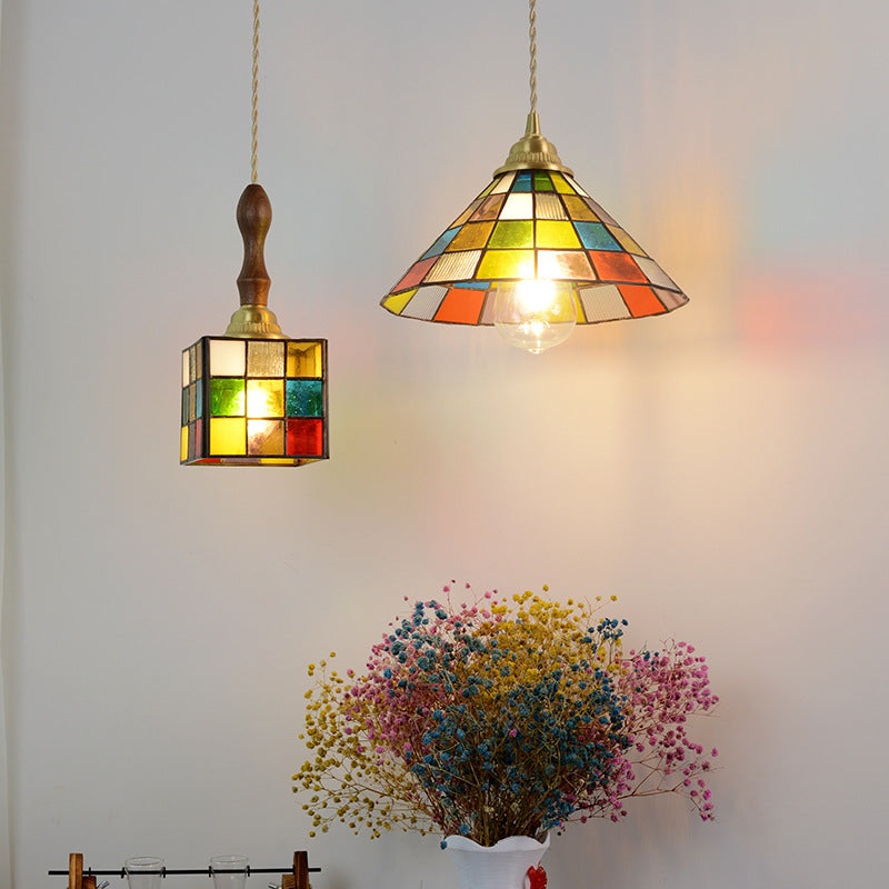 Modern Art Deco Square Cone Rubik's Cube Shape Iron Glass 1-Light Pendant Light For Living Room