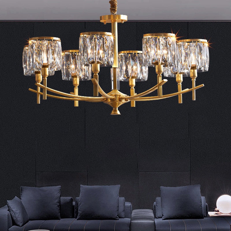 Modern Luxury Brass Crystal Cylinder 6/8/10/15/24 Light Chandeliers For Living Room