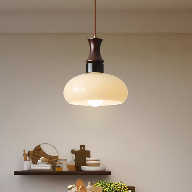 Modern Mid-Century Round Metal Rubberwood Glass 1-Light Pendant Light For Living Room
