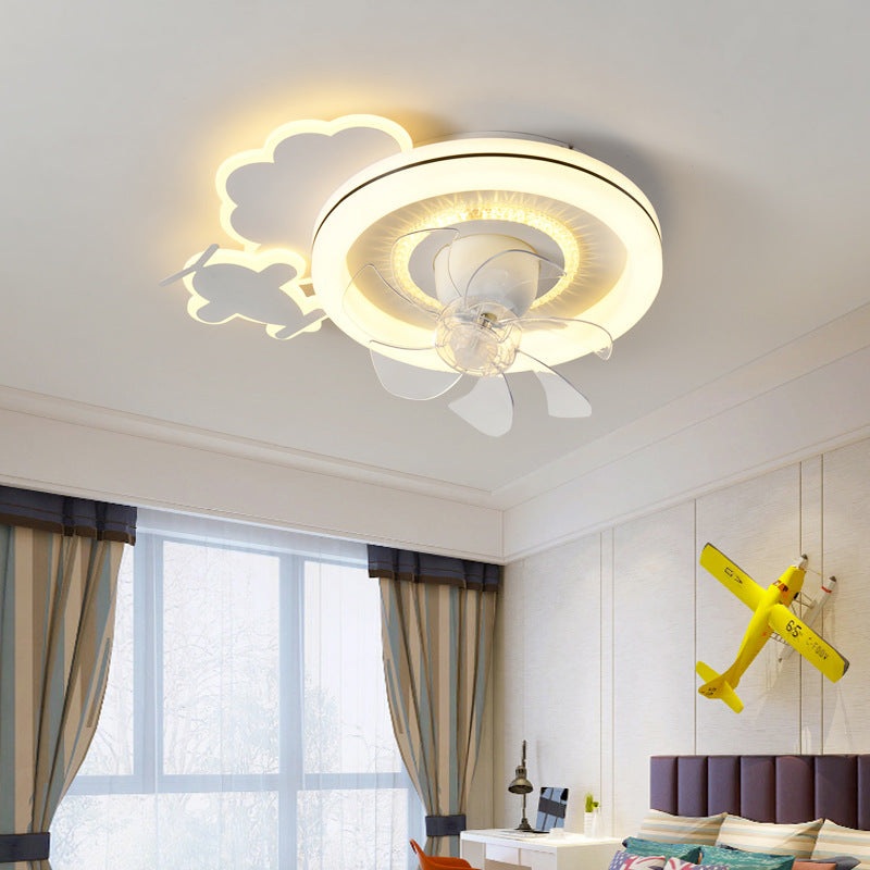 Modern Minimalist Clouds Airplanes Crowns Round ABS Iron Copper LED Flush Mount Ceiling Fan Light For Bedroom