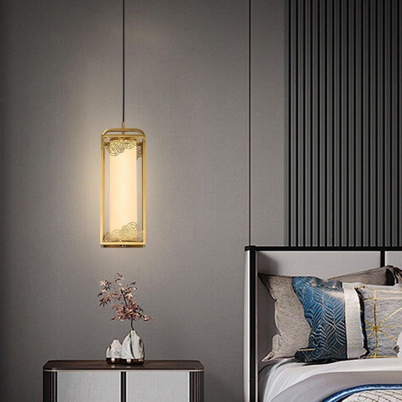 Traditional Chinese Copper Glass Cylinder Carved Auspicious Cloud LED Pendant Light For Bedside