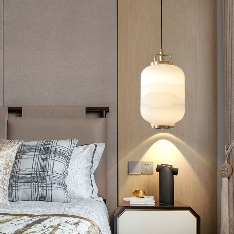 Traditional Chinese Lantern Cylinder Copper Glass LED Pendant Light For Living Room